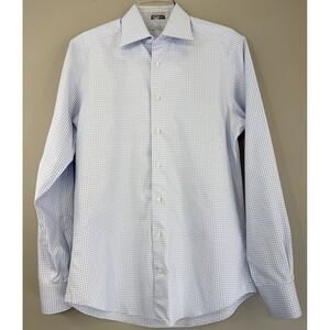 Suitsupply Gingham Check Plaid Traveller Shirt Men's 38/15 Slim Fit Blue / White